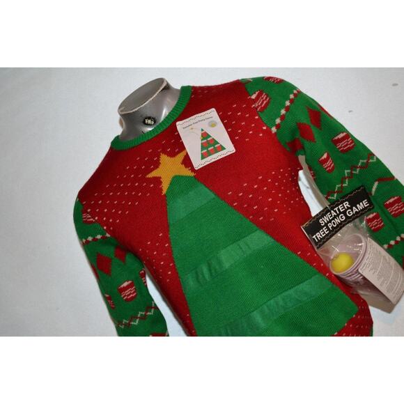 Ugly Christmas Tree Sweater Mens Size Small Beer Pong With Cups and Ball NEW - Picture 1 of 10